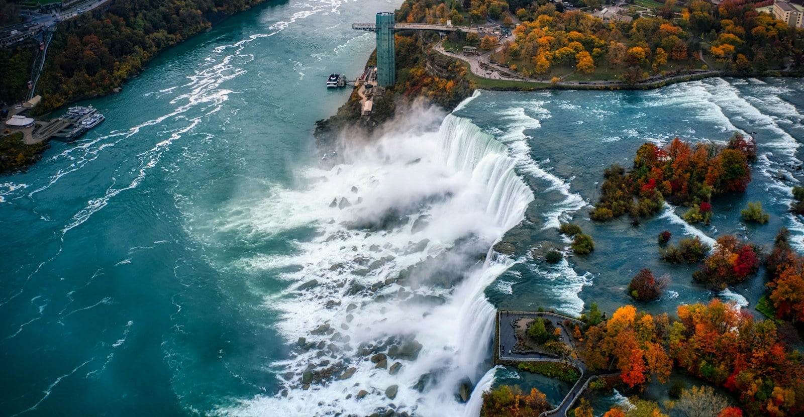 Aerial view of the American Falls and Niagara gorge in autumn color