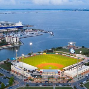 Pensacola bayfront aerial with stadium and marina