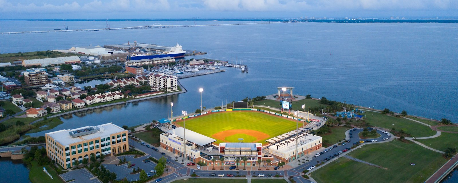 Pensacola bayfront aerial with stadium and marina