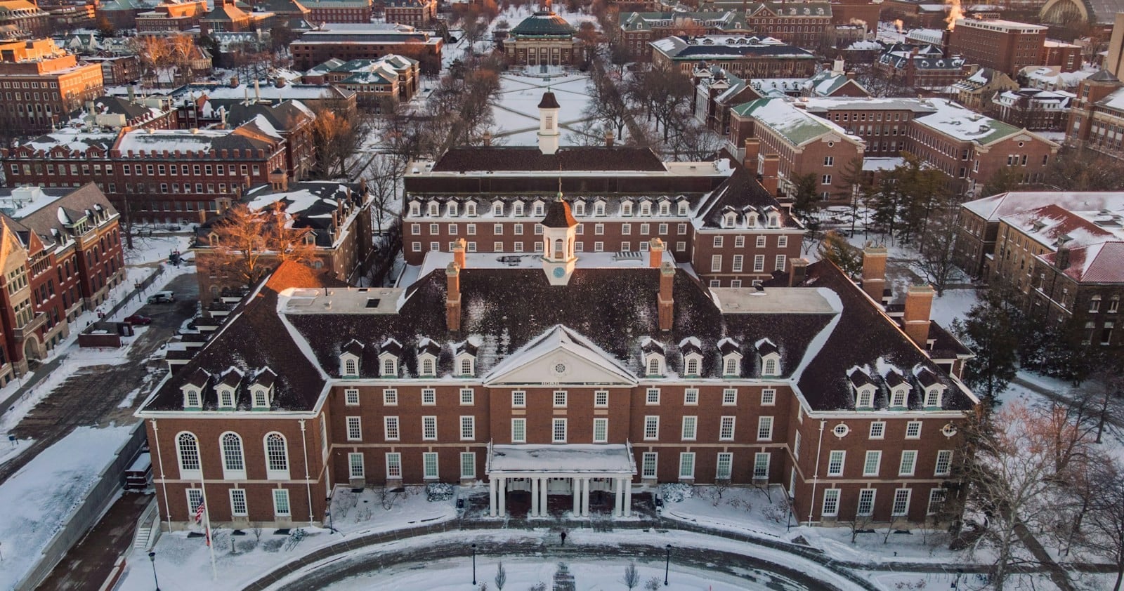 Aerial view of the University of Illinois Urbana-Champaign campus in winter, Champaign, Illinois