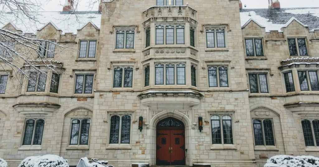 Stone residence hall on a winter morning at Ball State University in Muncie, Indiana