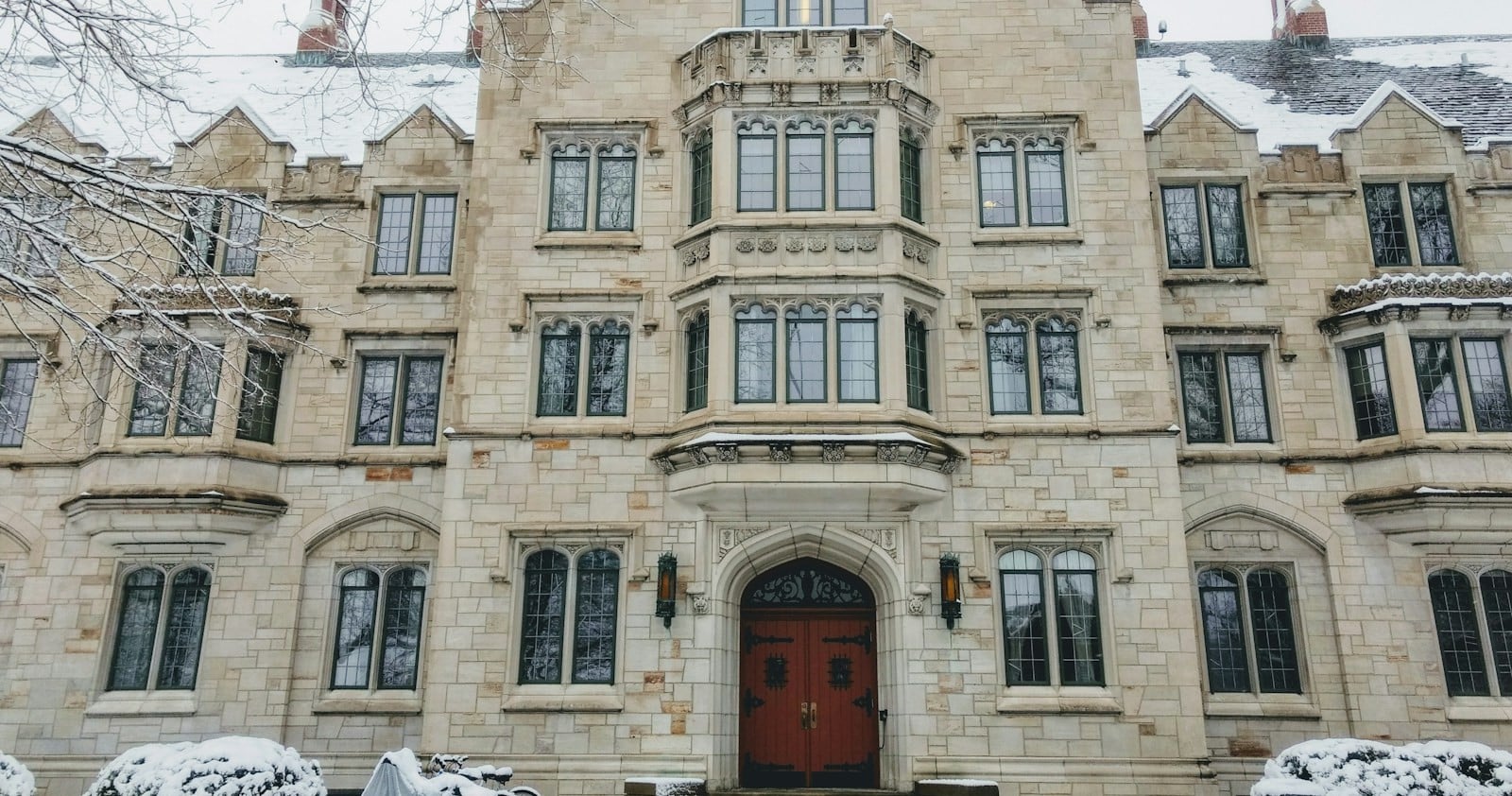 Stone residence hall on a winter morning at Ball State University in Muncie, Indiana