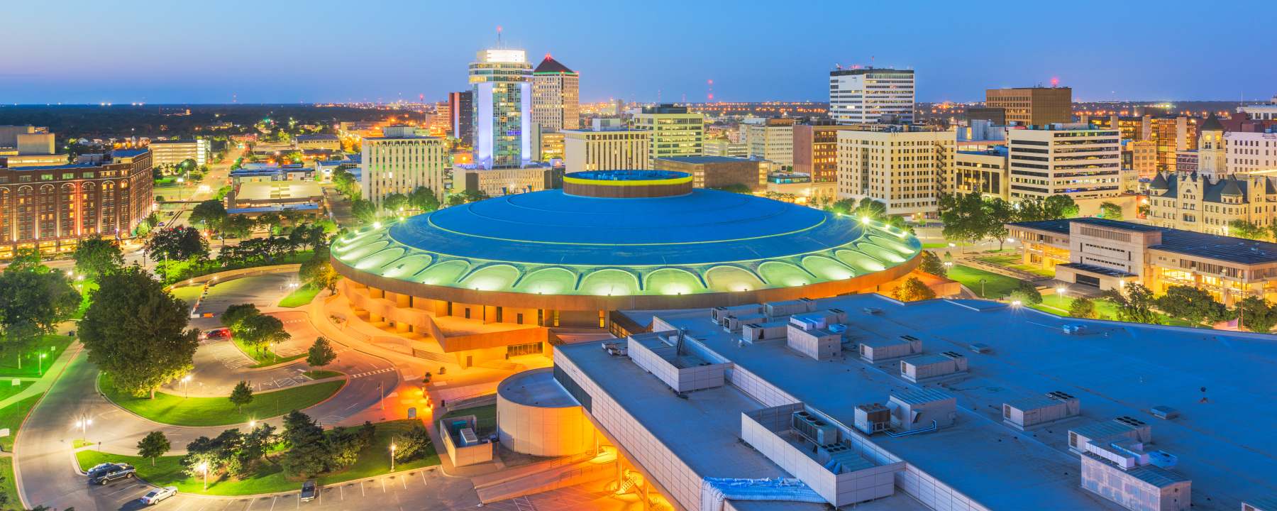 Downtown Wichita, Kansas skyline at dusk