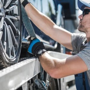 Carrier driver securing a wheel strap
