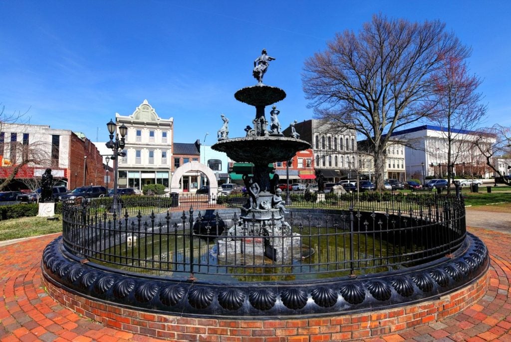 Fountain Square park and historic buildings in downtown Bowling Green, Kentucky