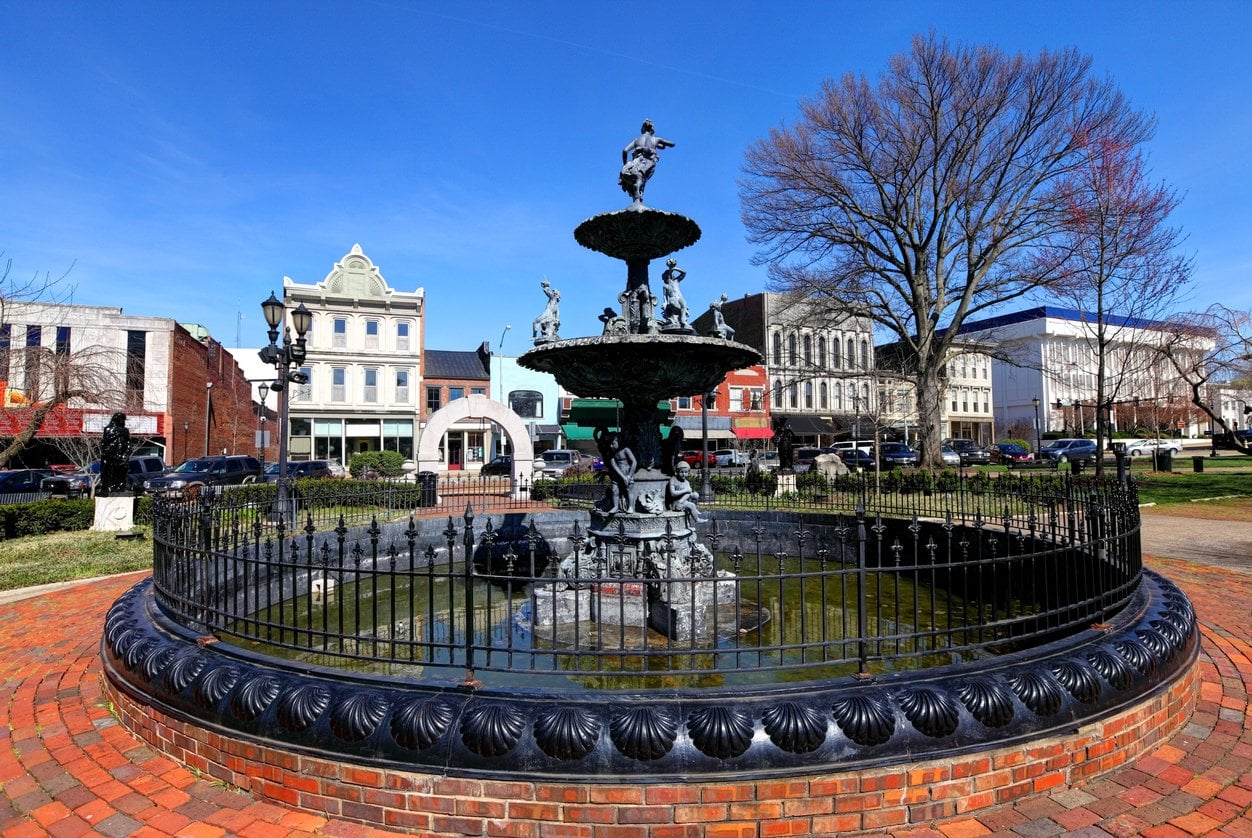 Fountain Square park and historic buildings in downtown Bowling Green, Kentucky