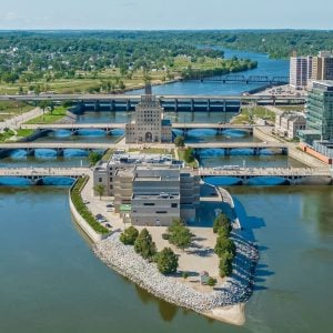 Aerial view of downtown Cedar Rapids, Iowa with bridges over the Cedar River