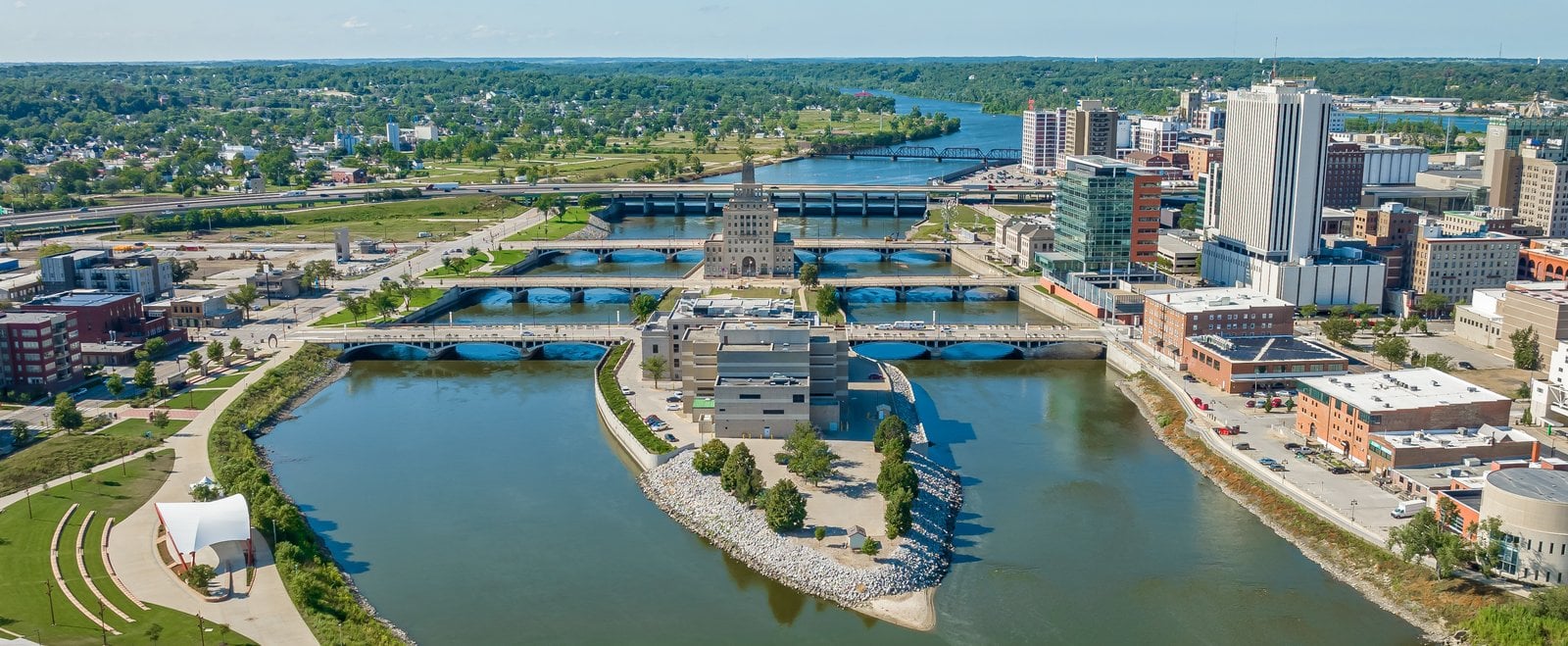 Aerial view of downtown Cedar Rapids, Iowa with bridges over the Cedar River