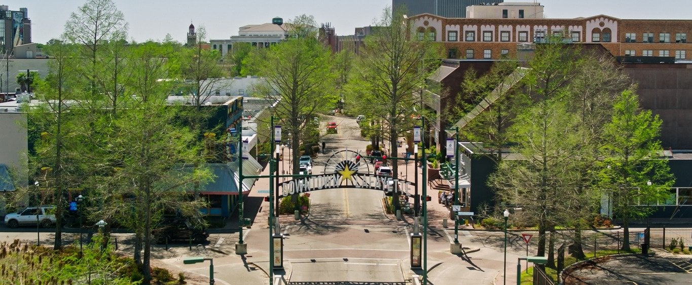 Aerial view of the Downtown Lafayette sign and city streets in Lafayette, Louisiana