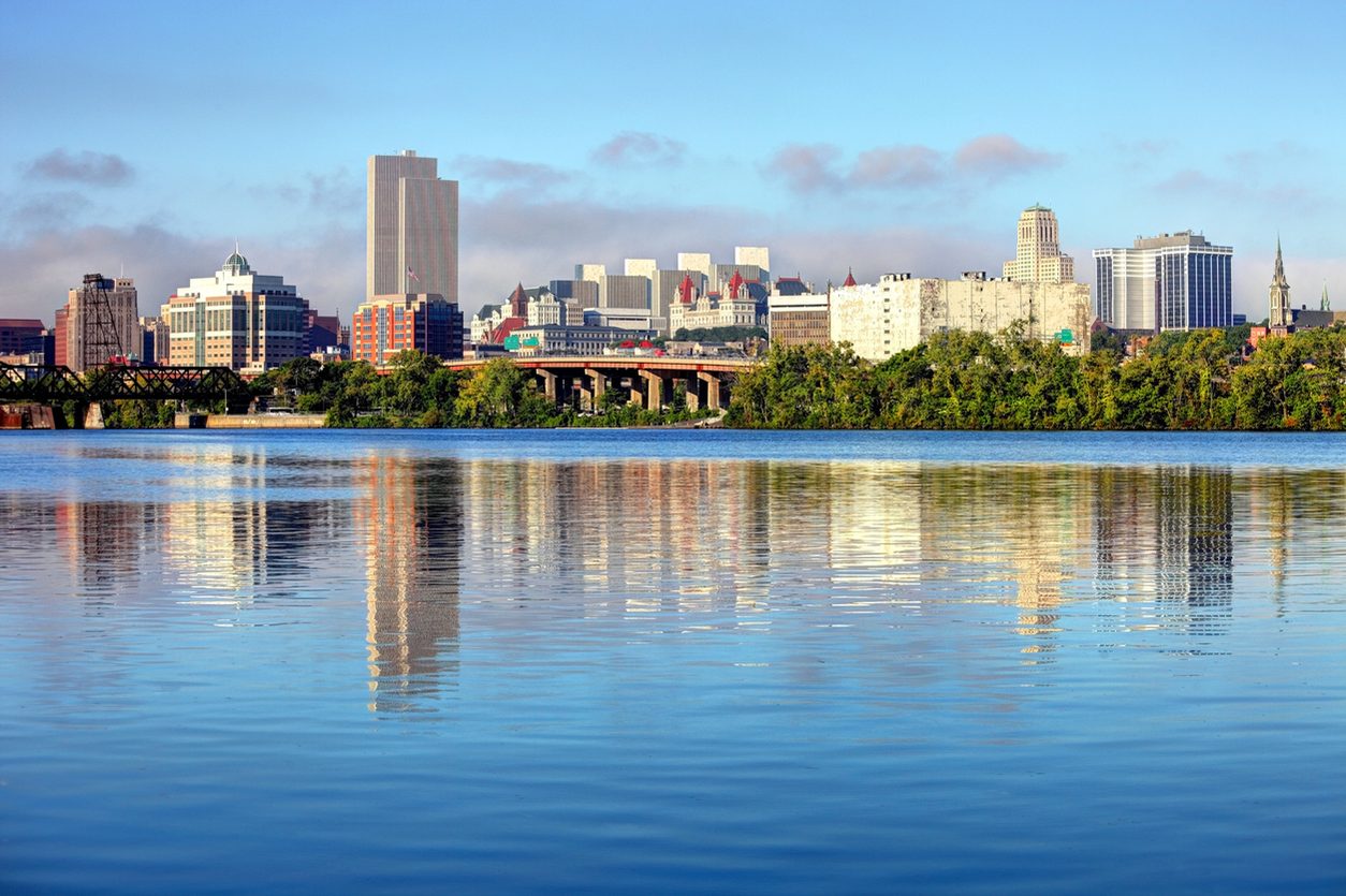 Albany skyline along the banks of the Hudson River