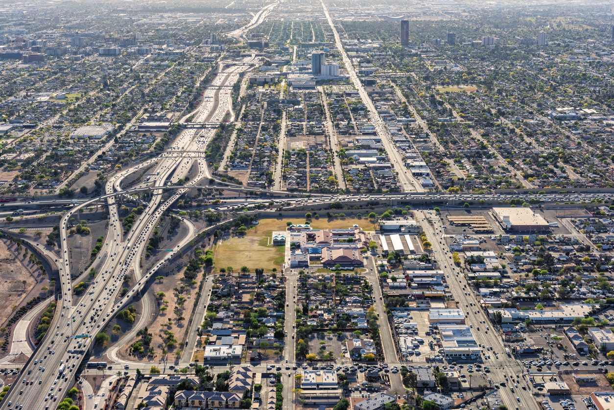 Aerial view of a Phoenix area freeway interchange