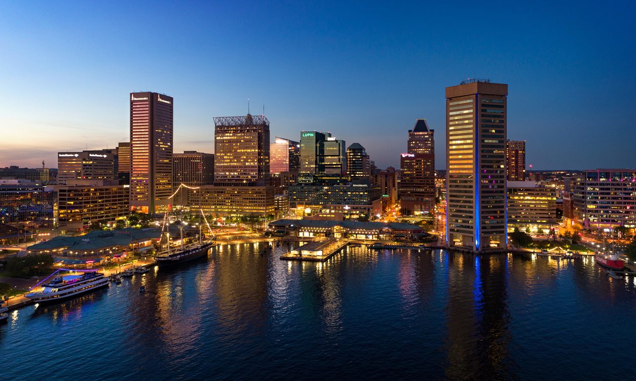 Baltimore skyline and Inner Harbor at dusk