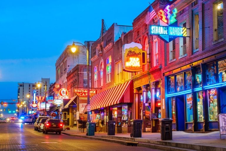 Neon signs along the Beale Street music district in Memphis