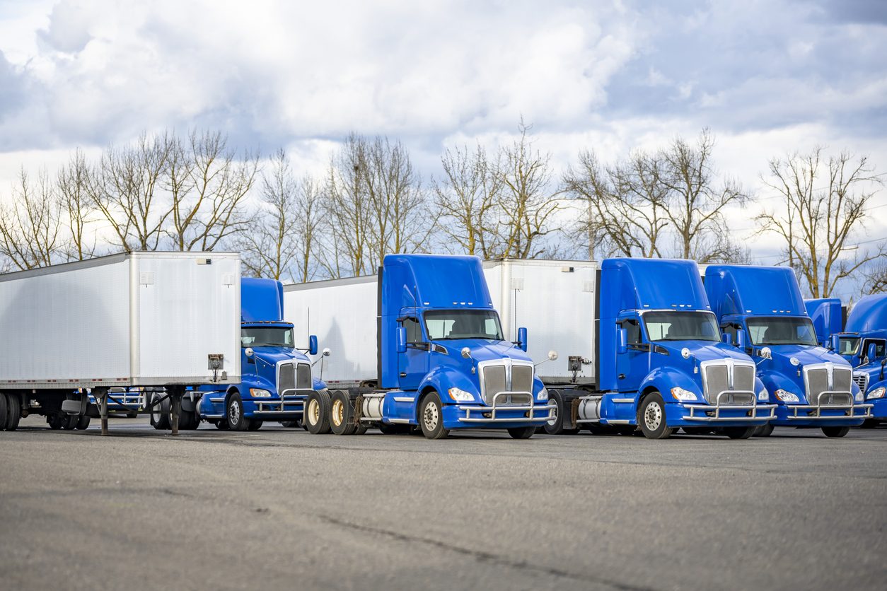 Row of blue day cab tractors and dry van trailers