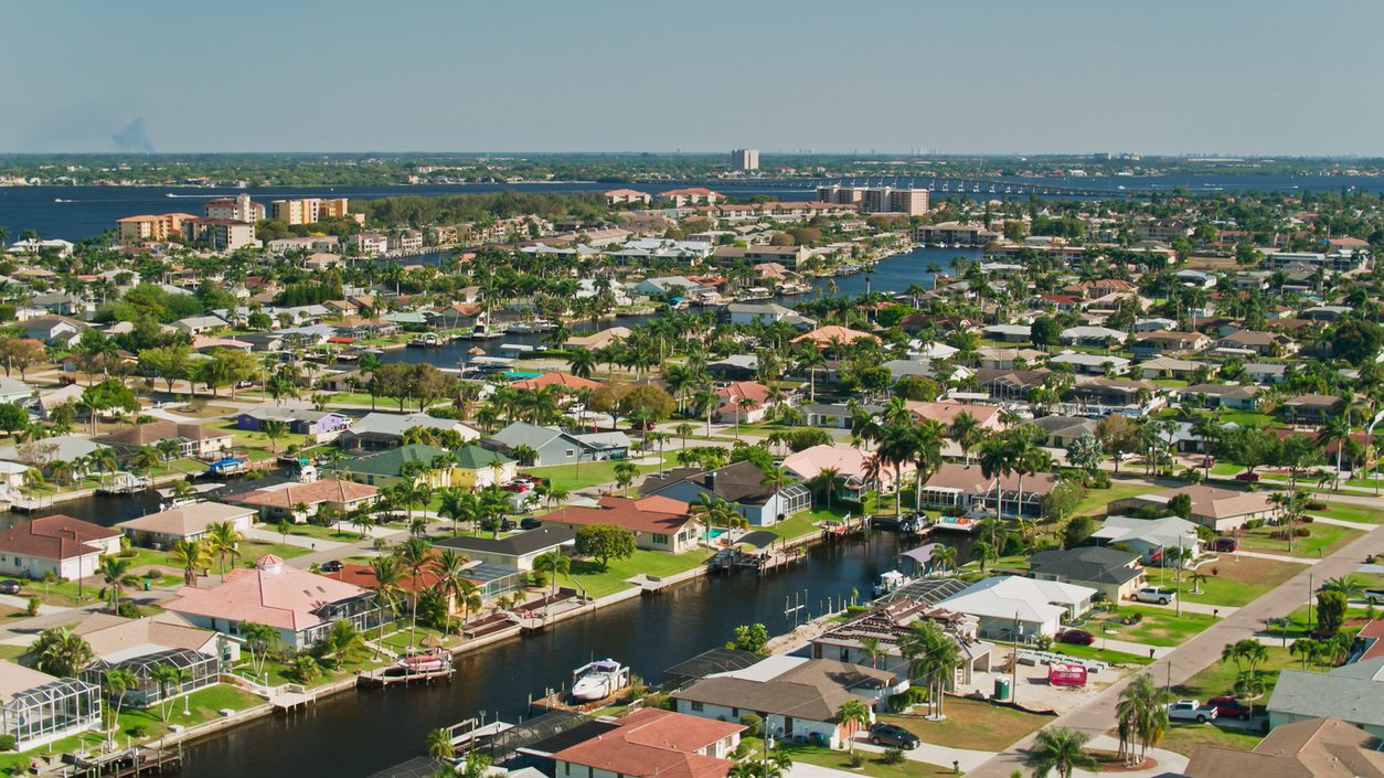 Aerial view of Cape Coral canals and waterfront homes