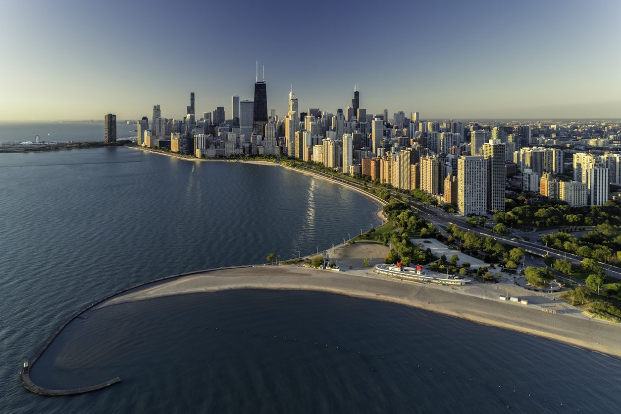 Chicago skyline along the lakefront from the air