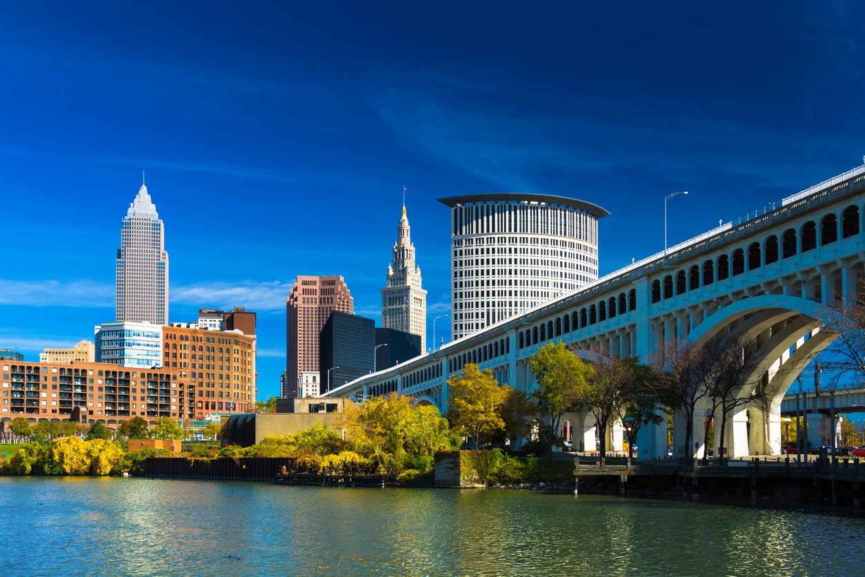Cleveland skyline and river bridges