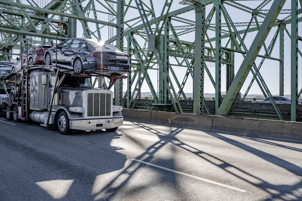 Car hauler crossing the Interstate Bridge over the Columbia River