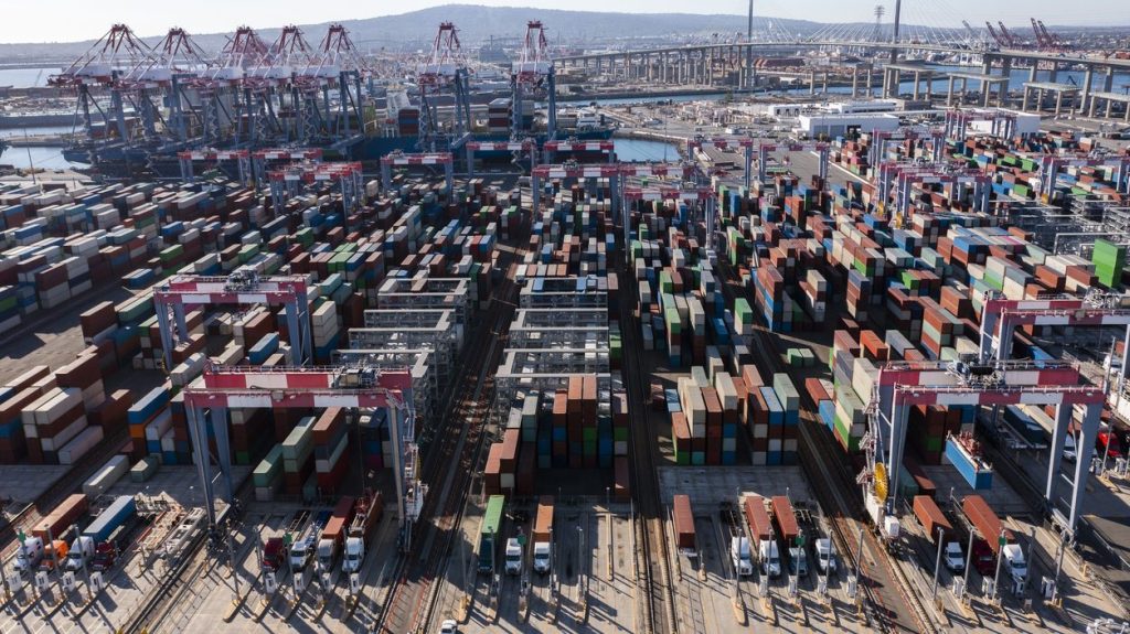 Containers stacked across a marine terminal