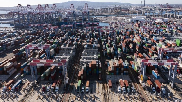 Containers stacked across a marine terminal