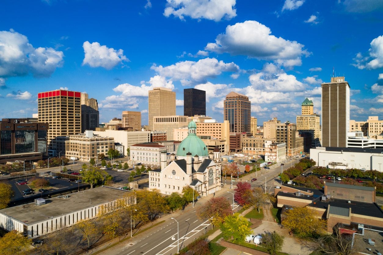 Aerial view of the Dayton Ohio skyline under cloud