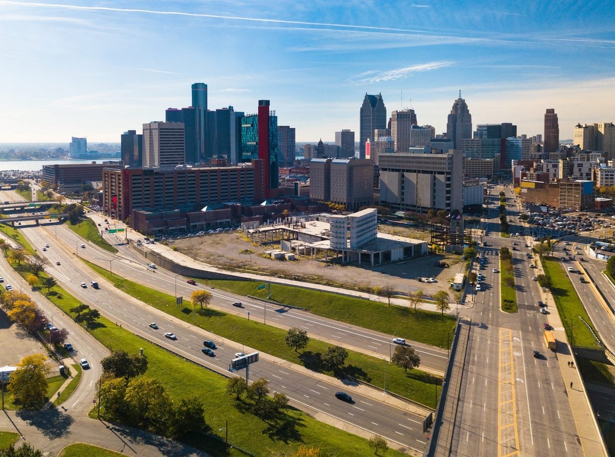 Detroit skyline with the I-375 highway and river