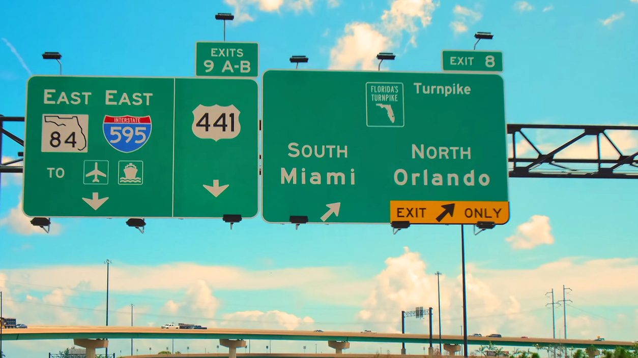 Florida interstate signs for Miami and Orlando