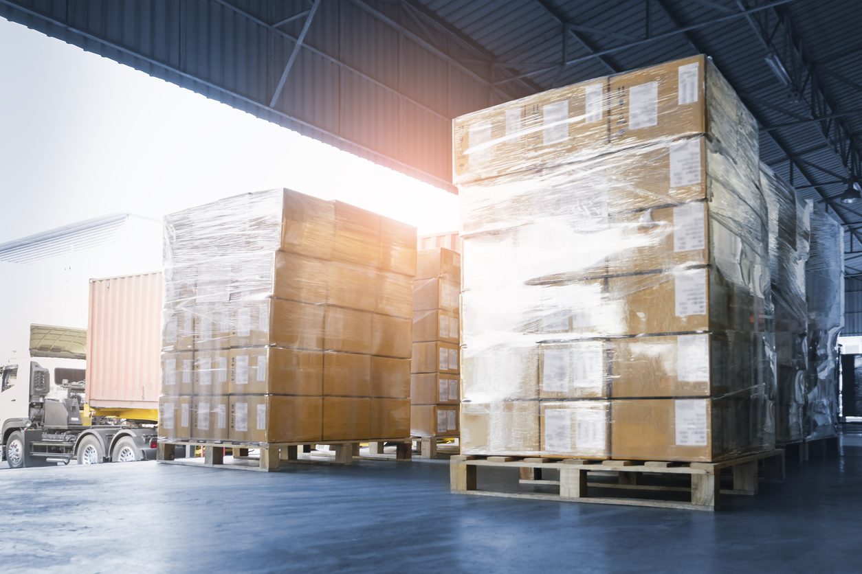 Palletized freight at a warehouse loading dock