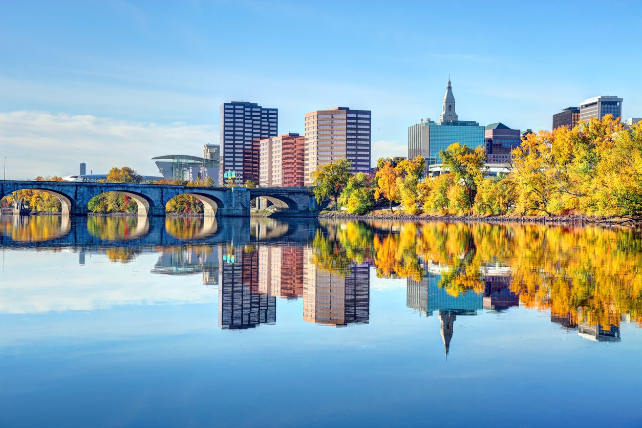 Hartford Connecticut skyline and bridge over the river in fall