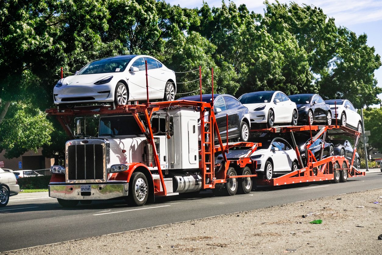 Car hauler loaded with new Teslas