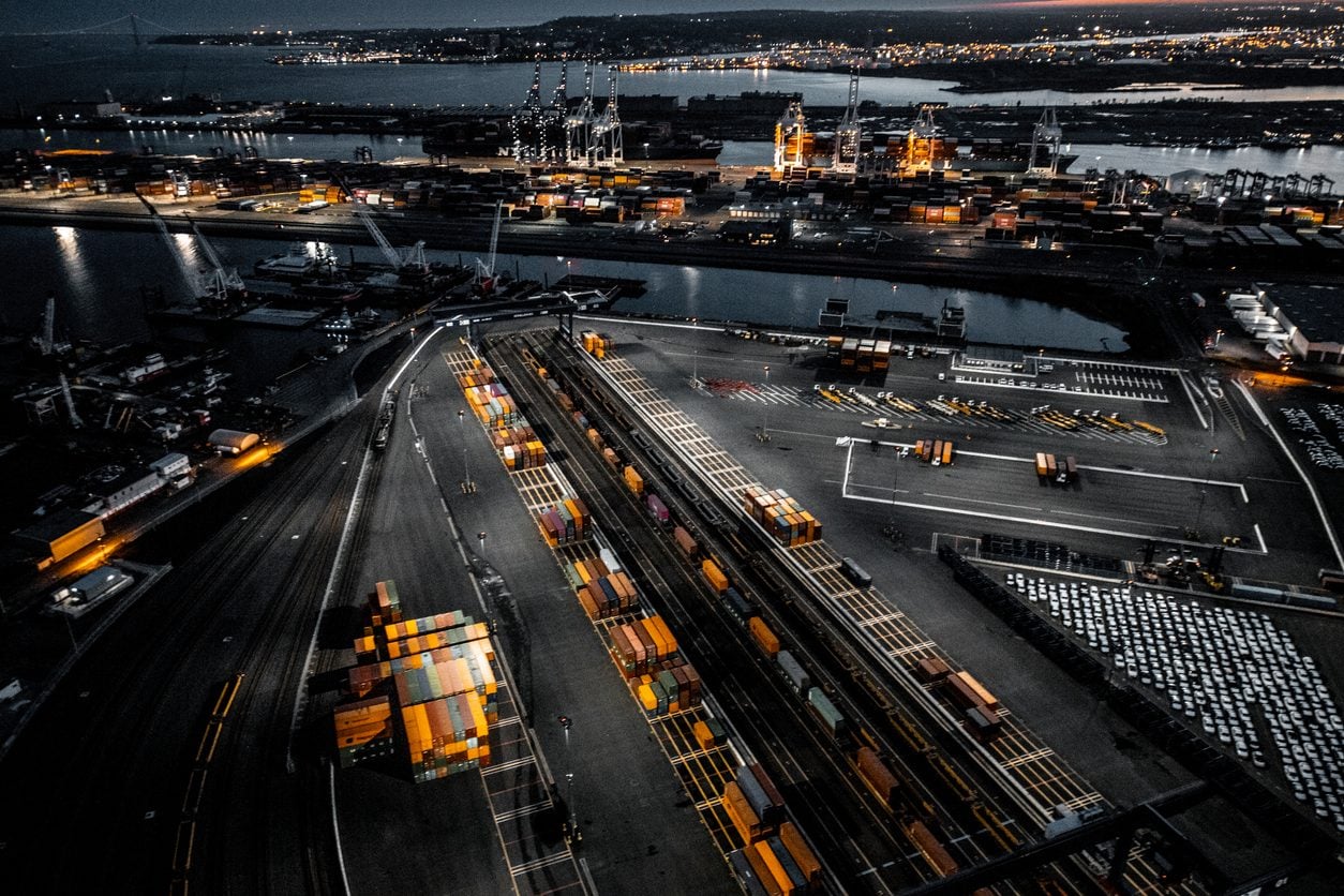 Vehicles and equipment staged at a port