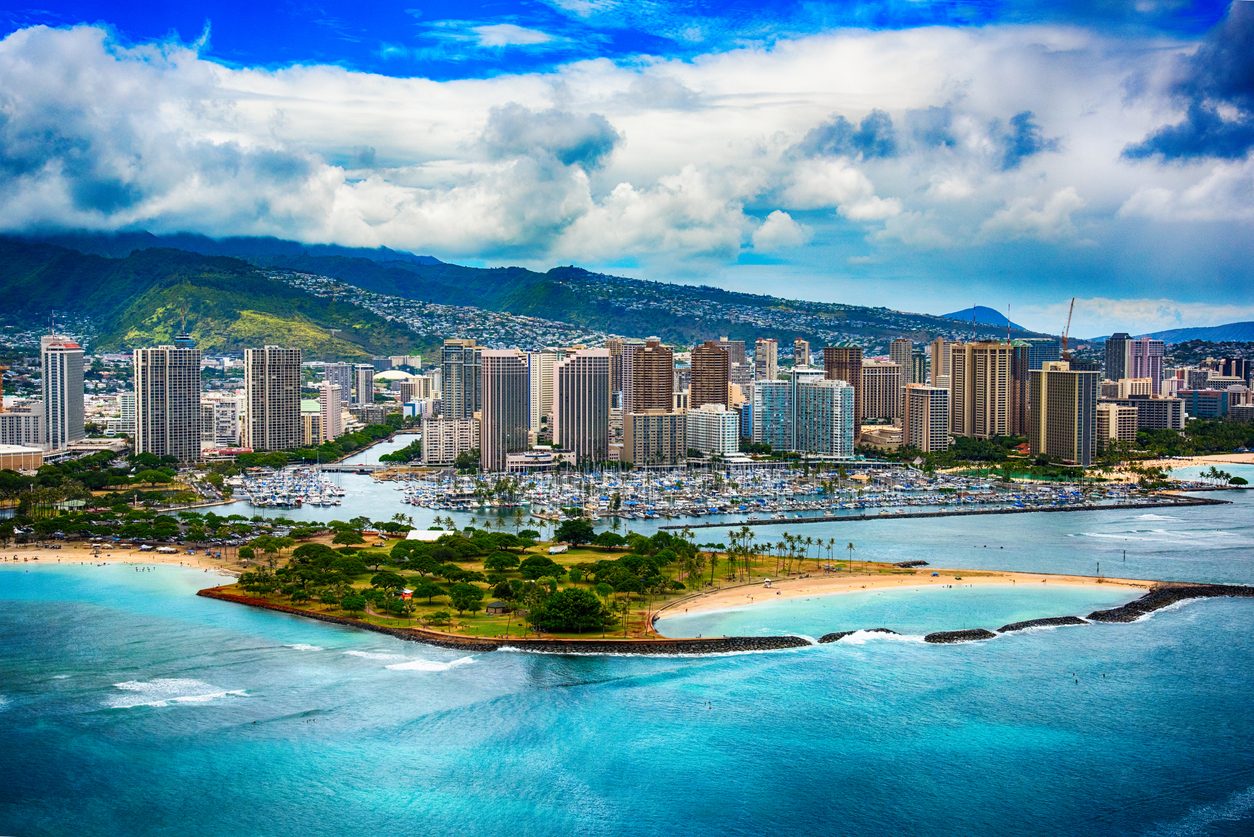 Aerial view of the Honolulu skyline and harbor