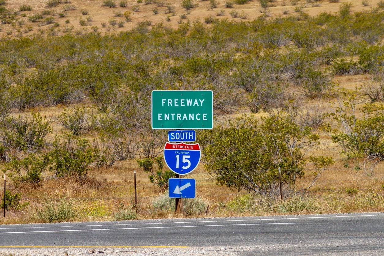 Interstate 15 south freeway entrance sign in the California desert