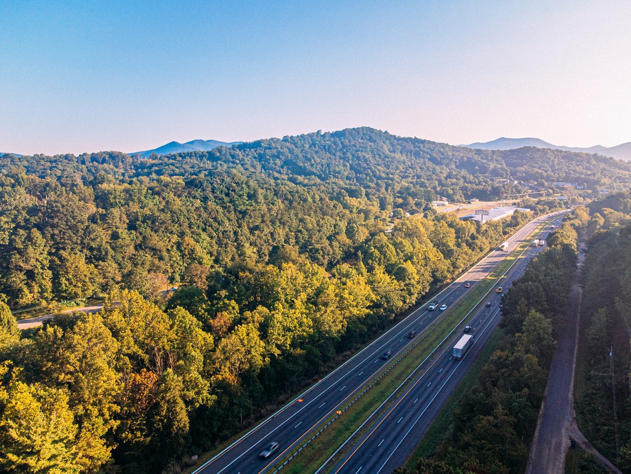 Interstate 40 winding through forested mountains east of Asheville North Carolina