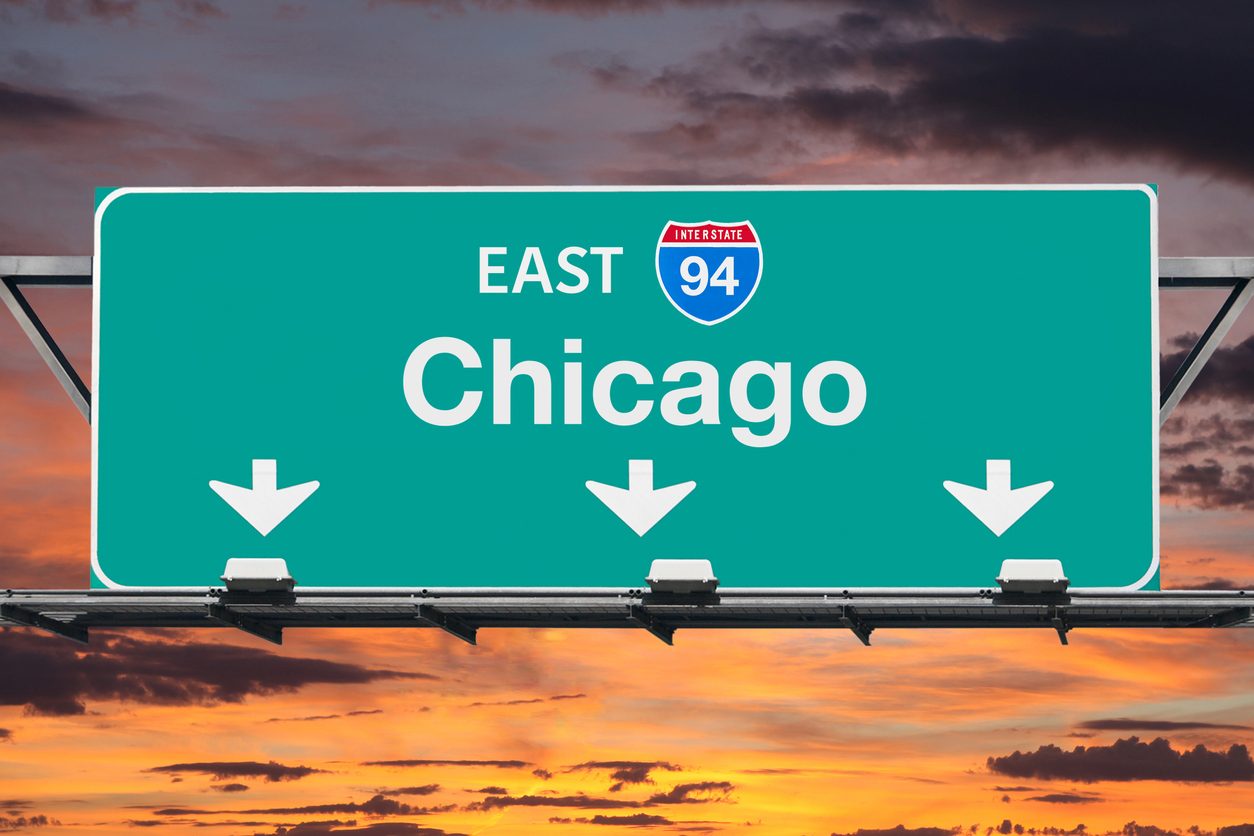 Interstate 94 East sign for Chicago at sunrise