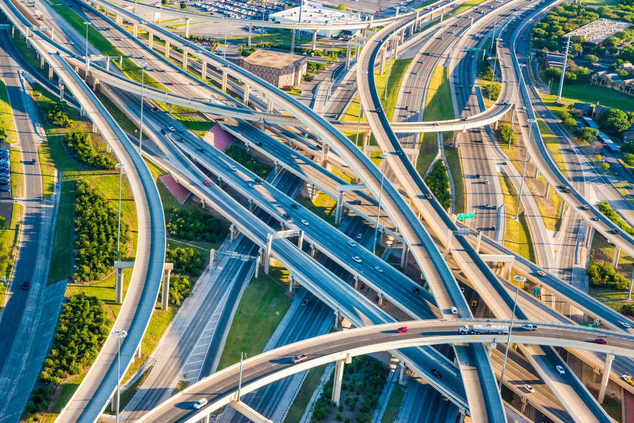 Aerial view of a large interstate highway interchange