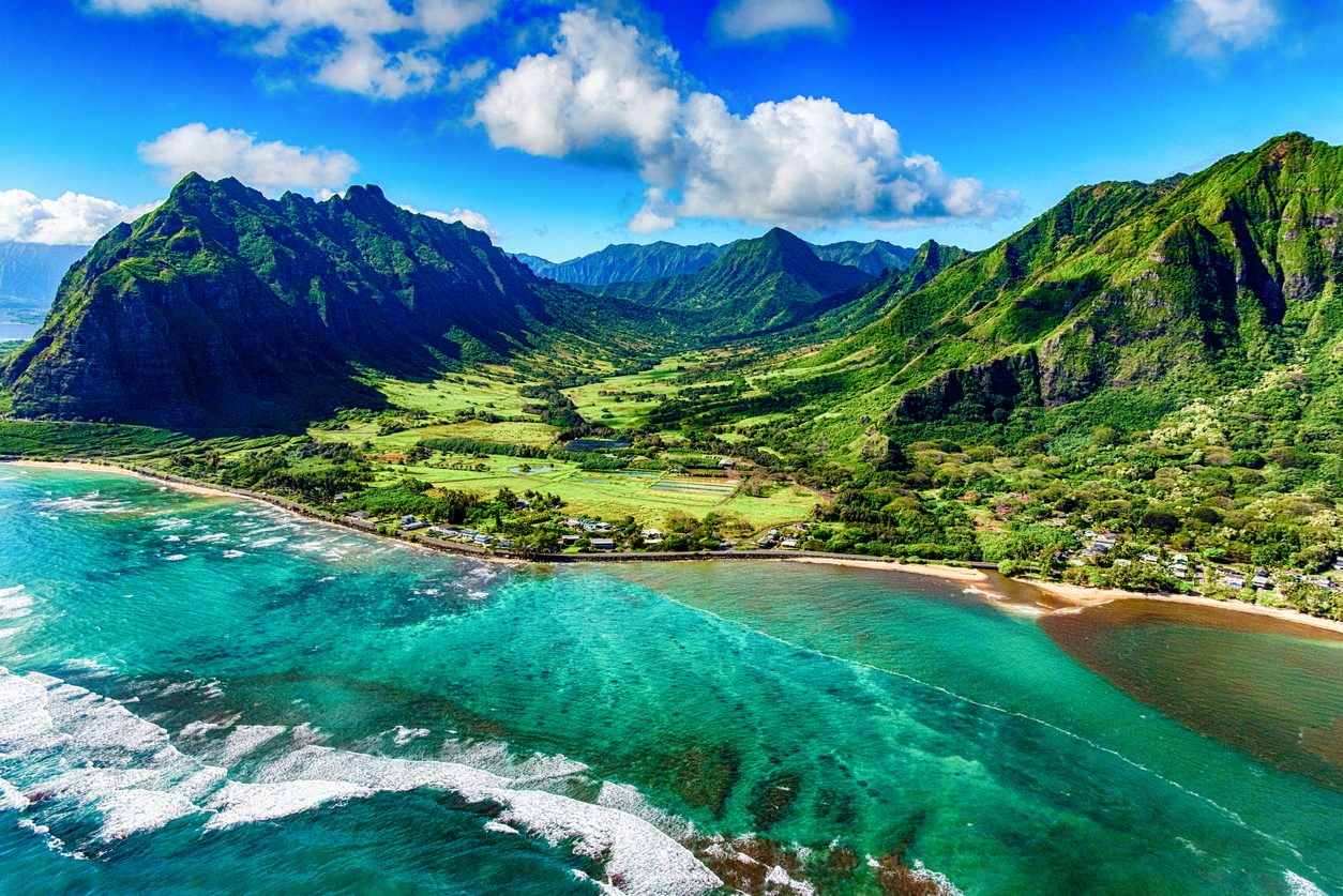 Aerial view of the Kualoa coast on Oahu