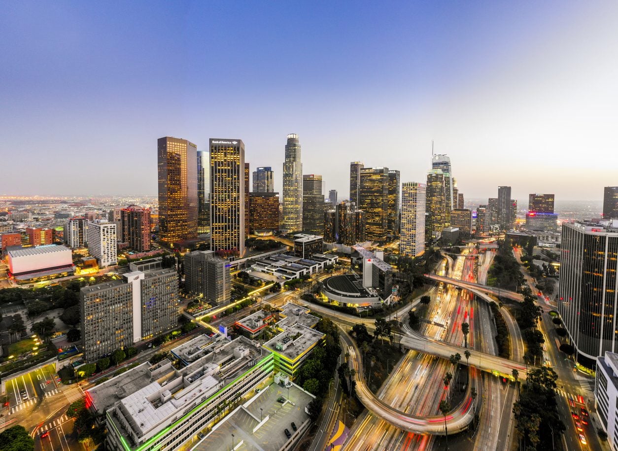 Downtown Los Angeles skyline and freeways at night
