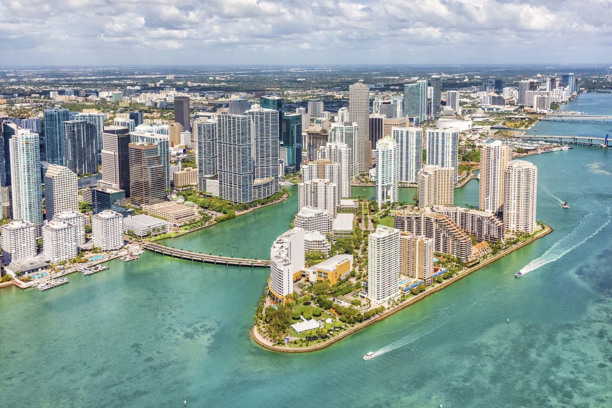Aerial view of the Miami waterfront and Brickell Key