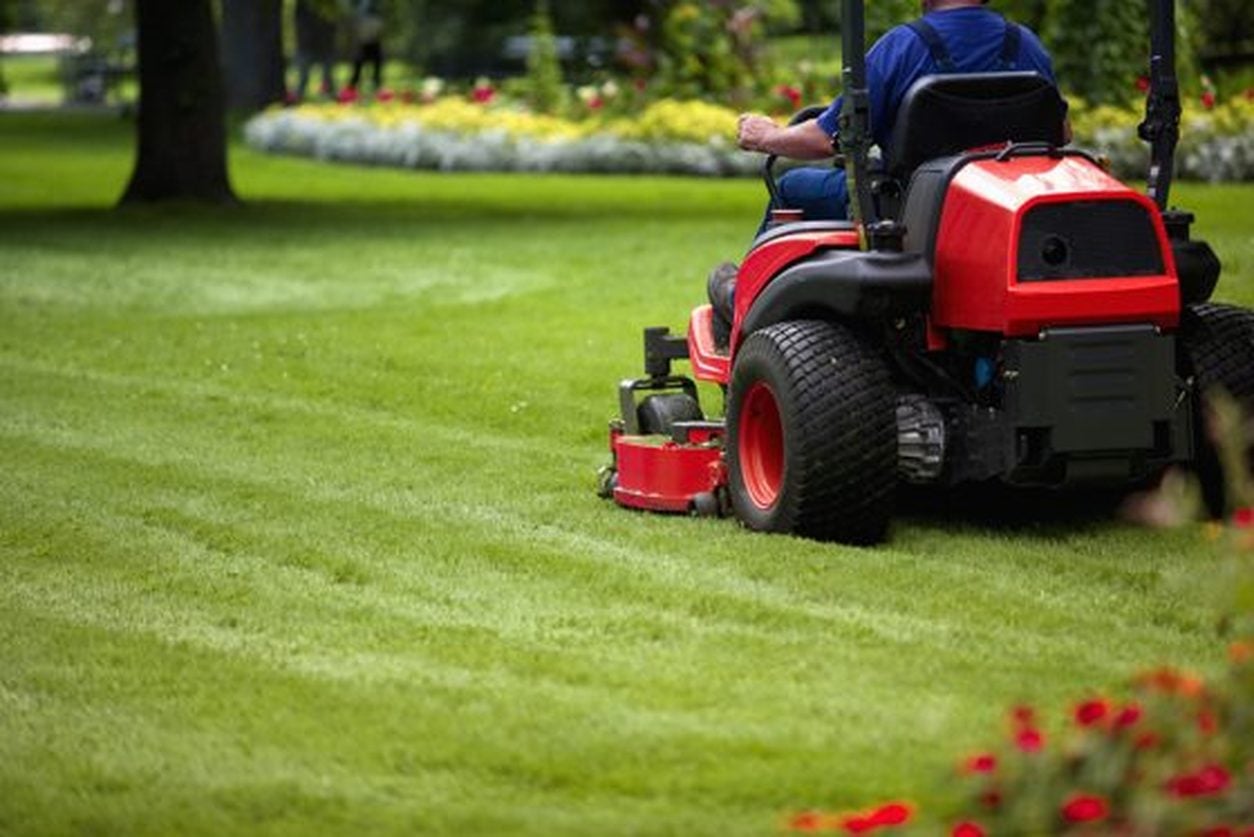 Homeowner mowing a lawn on a red garden tractor