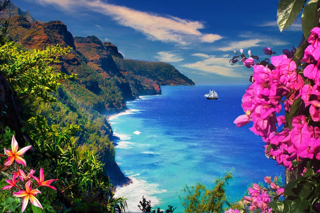 Ship off the Na Pali Coast of Kauai Hawaii