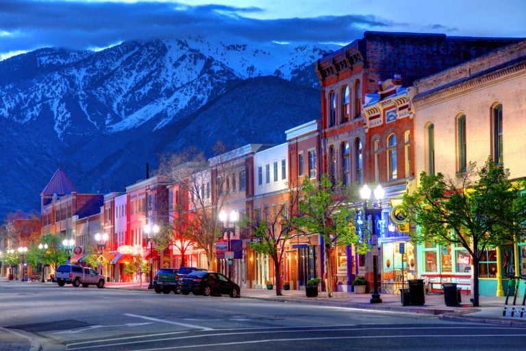 Historic street in Ogden Utah with the Wasatch range behind