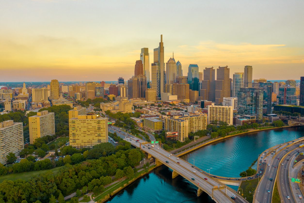 Philadelphia skyline at sunset from the air