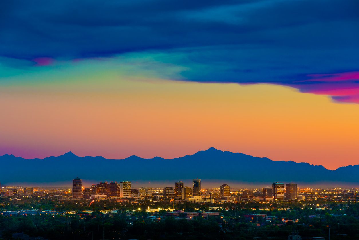 Phoenix Arizona skyline at sunset seen from Scottsdale