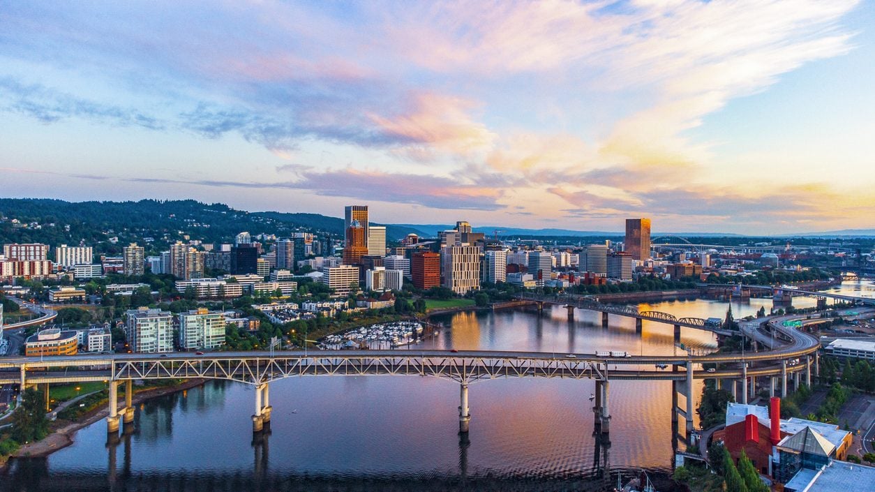 Portland bridges over the Willamette at sunrise