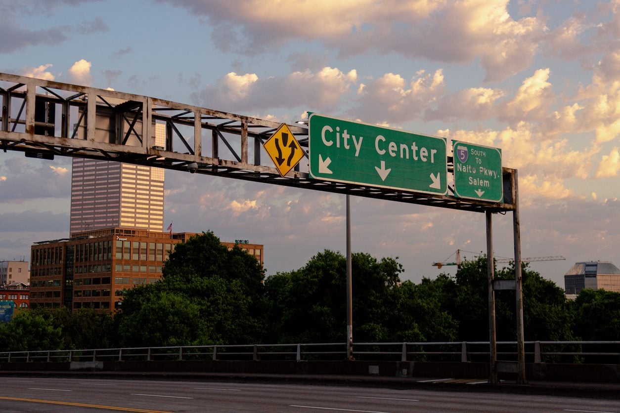 City Center highway sign in downtown Portland