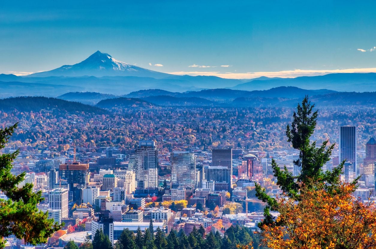 Portland skyline with Mount Hood beyond in autumn