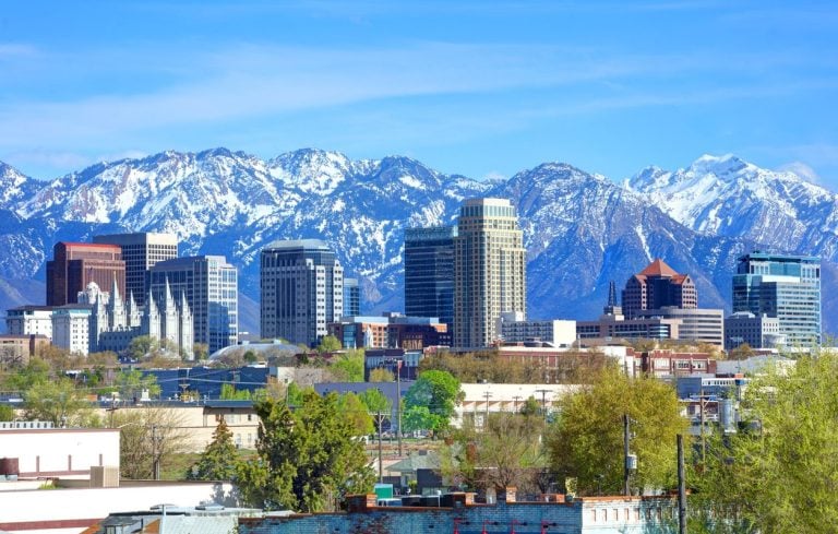 Salt Lake City skyline with the snow capped Wasatch range behind