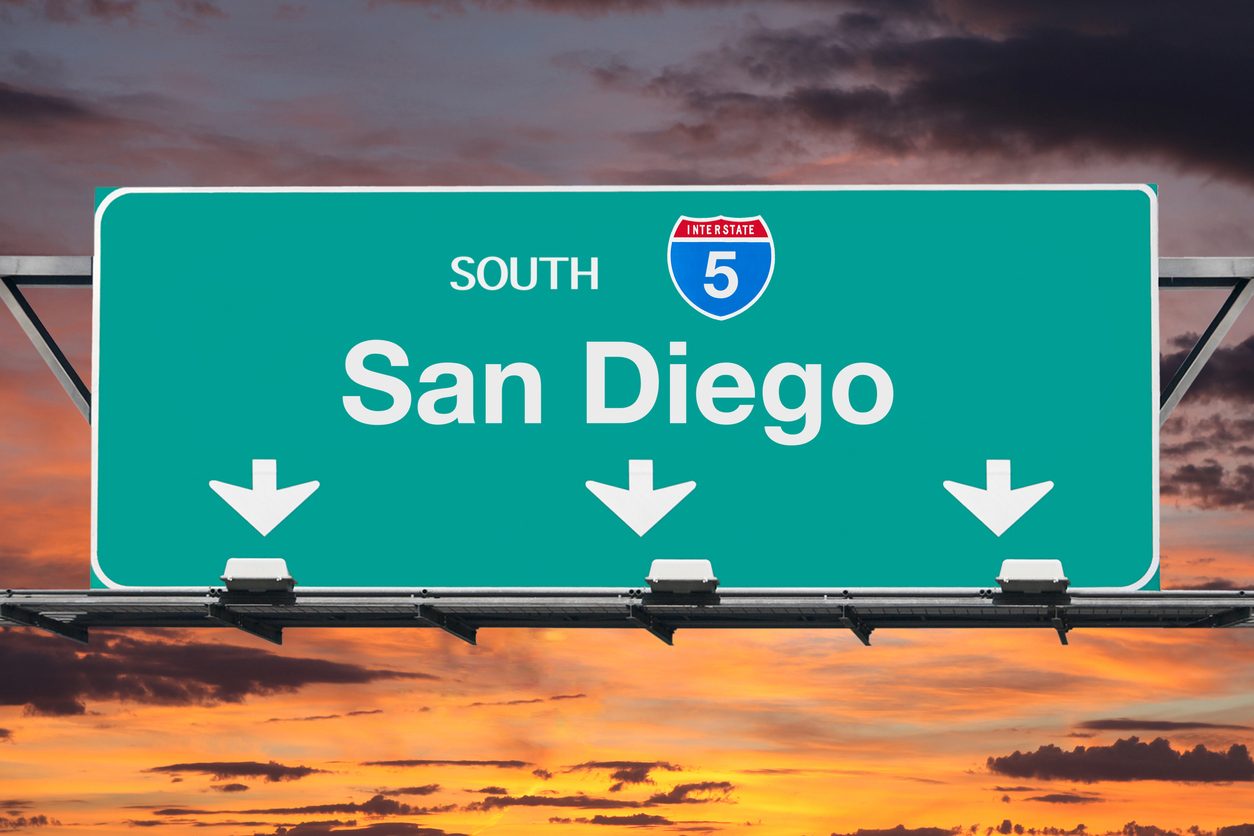 Interstate 5 South highway sign for San Diego at sunrise