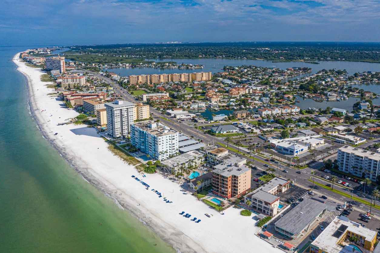 Aerial view of beachfront hotels in St Petersburg Florida